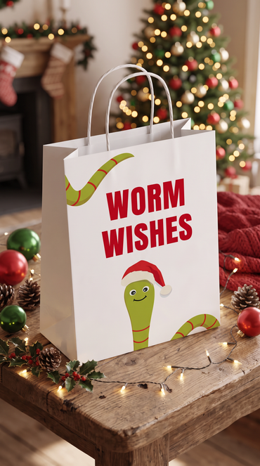Geschenktüte Weihnachten „Worm Wishes“ – Lustige Geschenkverpackung