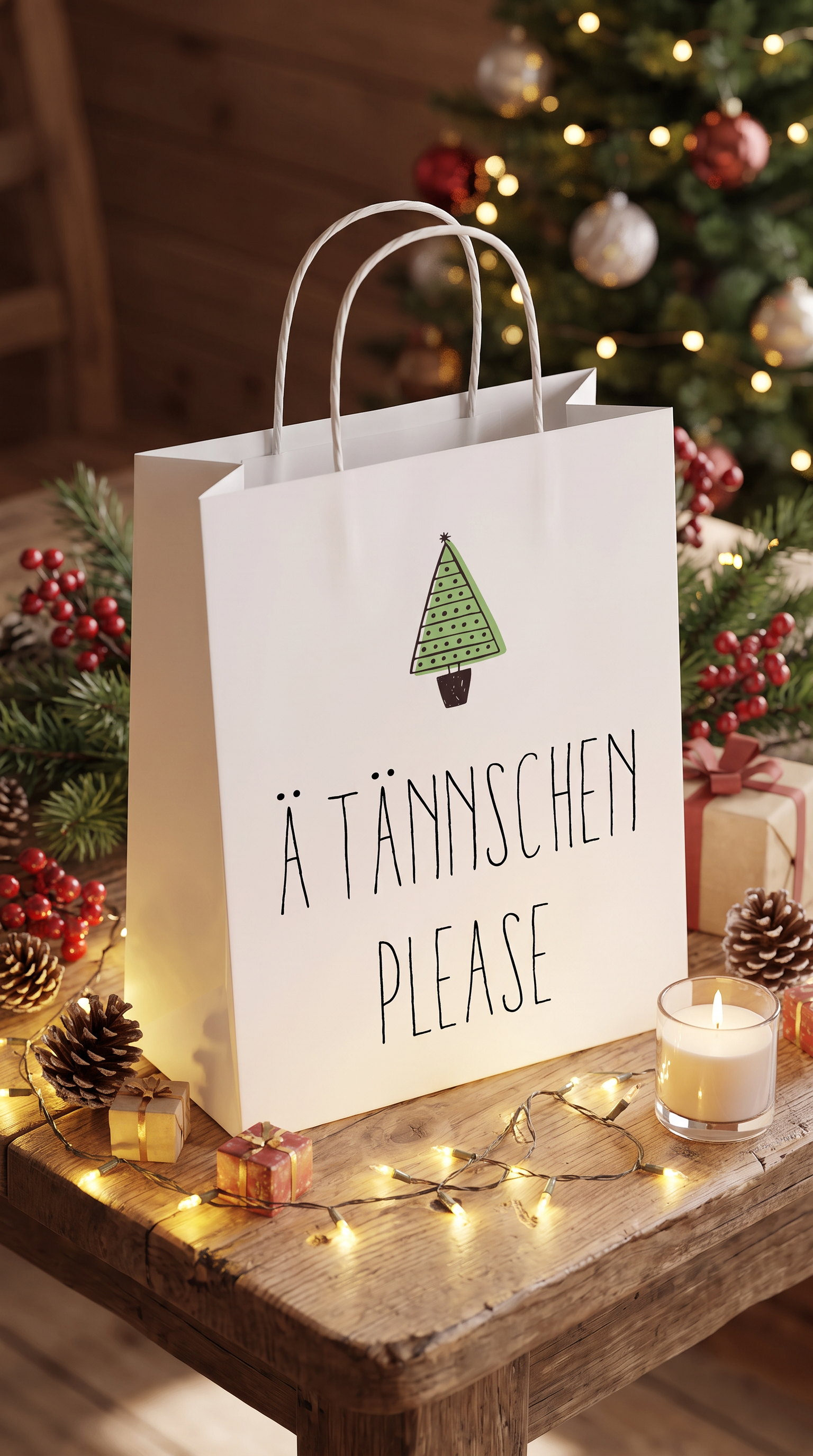 Geschenktüte Weihnachten „Ä Tänzchen please“ – Lustige Geschenkverpackung mit Tannenbaum-Motiv