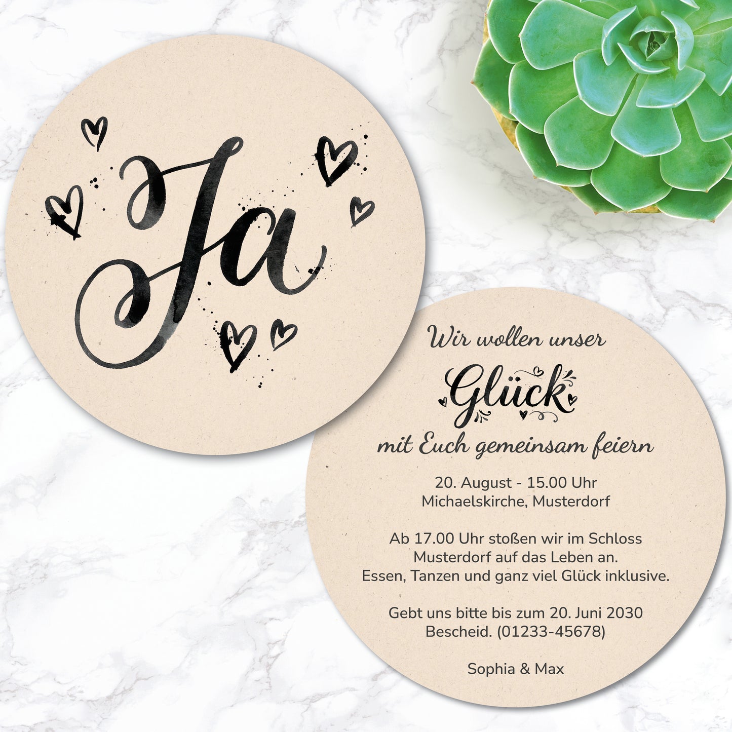 Einladung Hochzeit Bierdeckel „JA“ – Edle Kalligraphie - beidseitig bedruckt - Individuelle Einladung