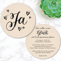Einladung Hochzeit Bierdeckel „JA“ – Edle Kalligraphie - beidseitig bedruckt - Individuelle Einladung