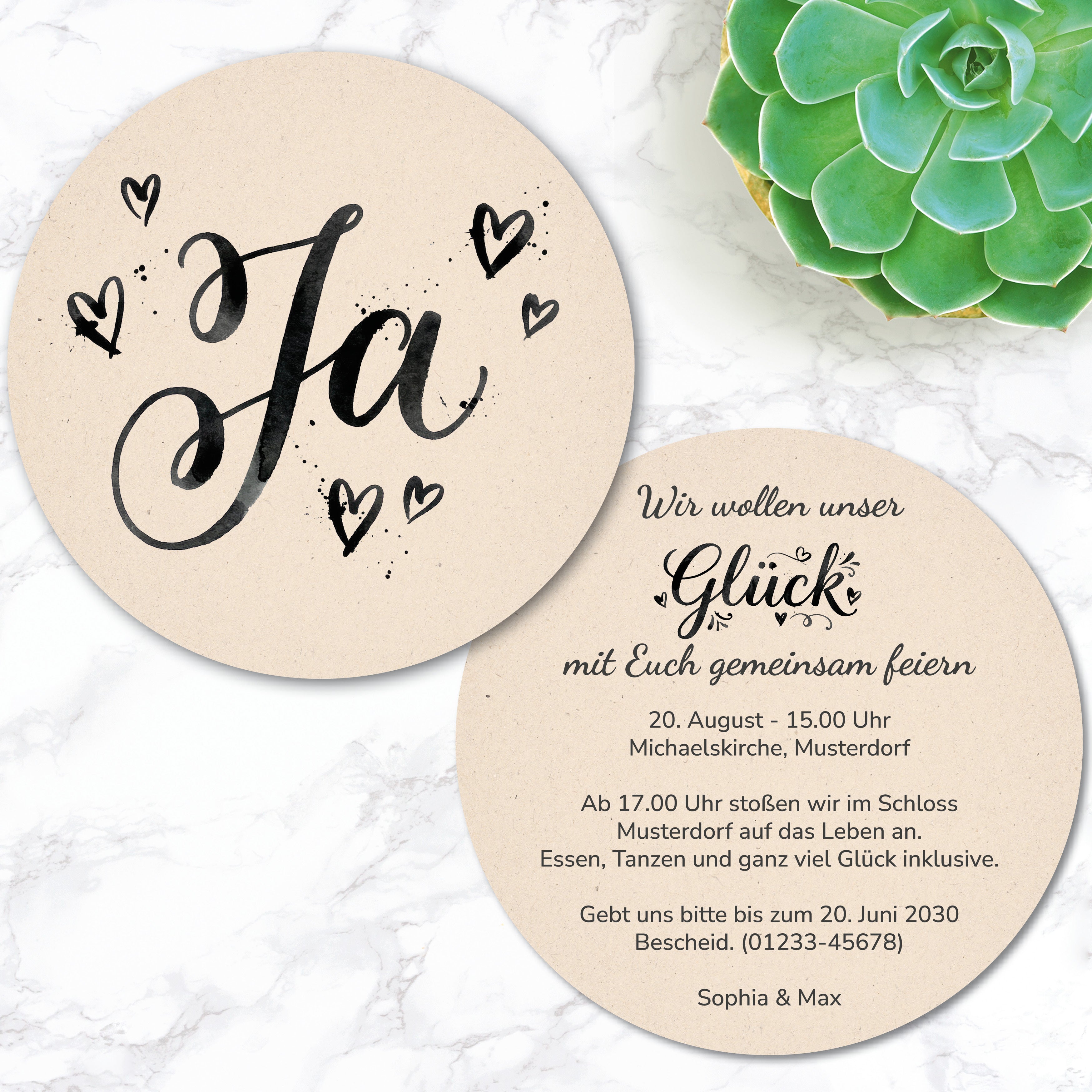 Einladung Hochzeit Bierdeckel „JA“ – Edle Kalligraphie - beidseitig bedruckt