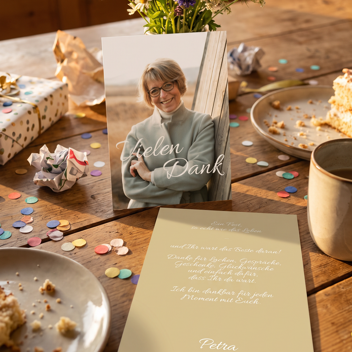 Danksagung Geburtstag Karte – Hochformatige bunte Dankeskarte mit Foto, lustig & herzlich