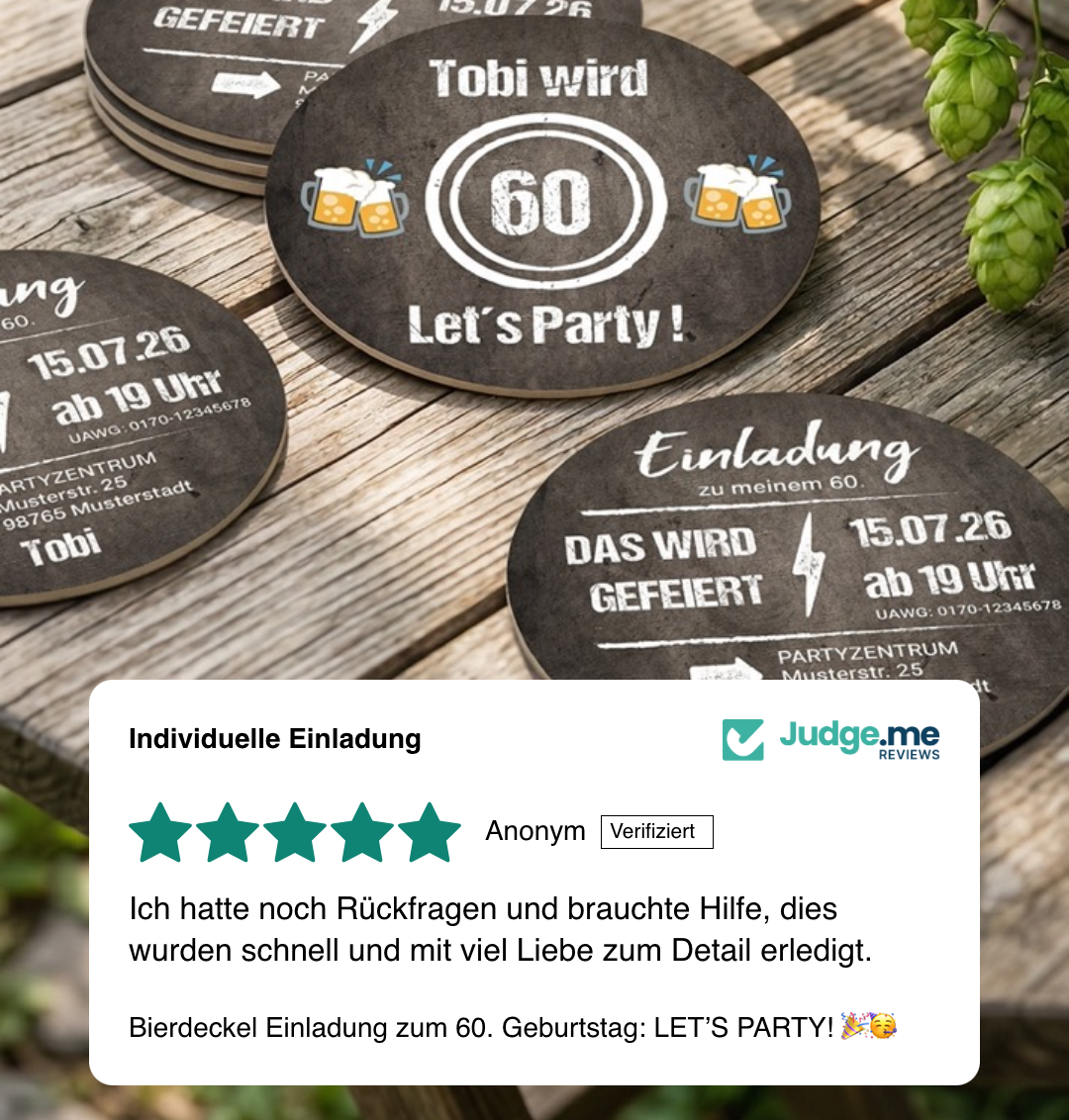 Bierdeckel Einladung zum 60. Geburtstag: LET’S PARTY! 🎉🥳