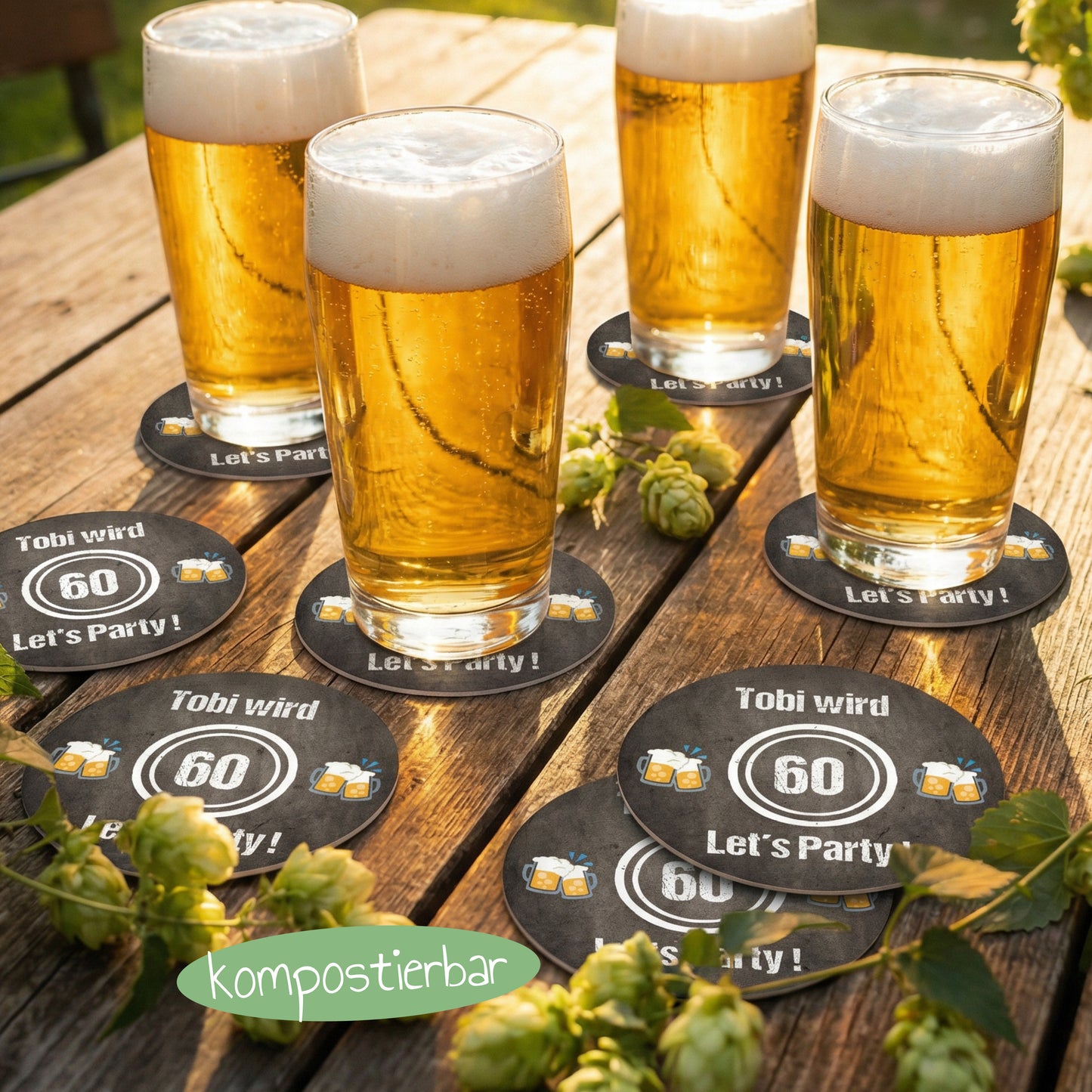 Bierdeckel Einladung zum 60. Geburtstag: LET’S PARTY! 🎉🥳 - Individuelle Einladung