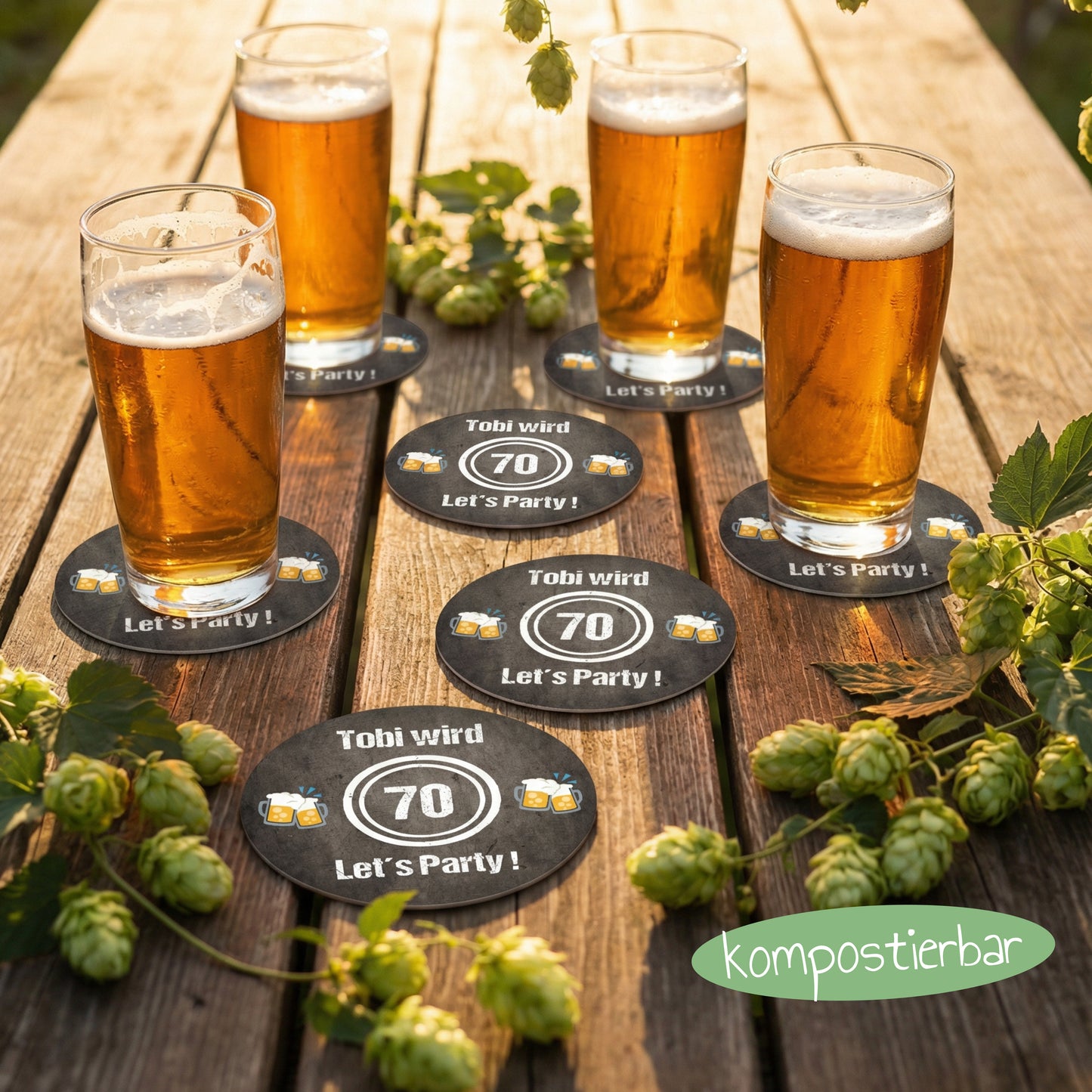 Bierdeckel Einladung zum 70. Geburtstag: LET’S PARTY! 🎉🍺 - Individuelle Einladung