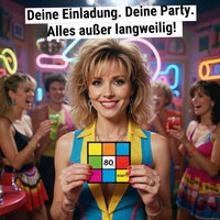 80er Jahre Party Einladung – Retro Party Einladung mit Zauberwürfel Design - Individuelle Einladung