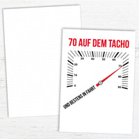 Glückwunsch Postkarte zum 70. Geburtstag – 70 auf dem Tacho… und bestens in Fahrt