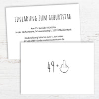 Einladung zum 50. Geburtstag: 49+ Mittelfinger – 50? Nicht mit mir!