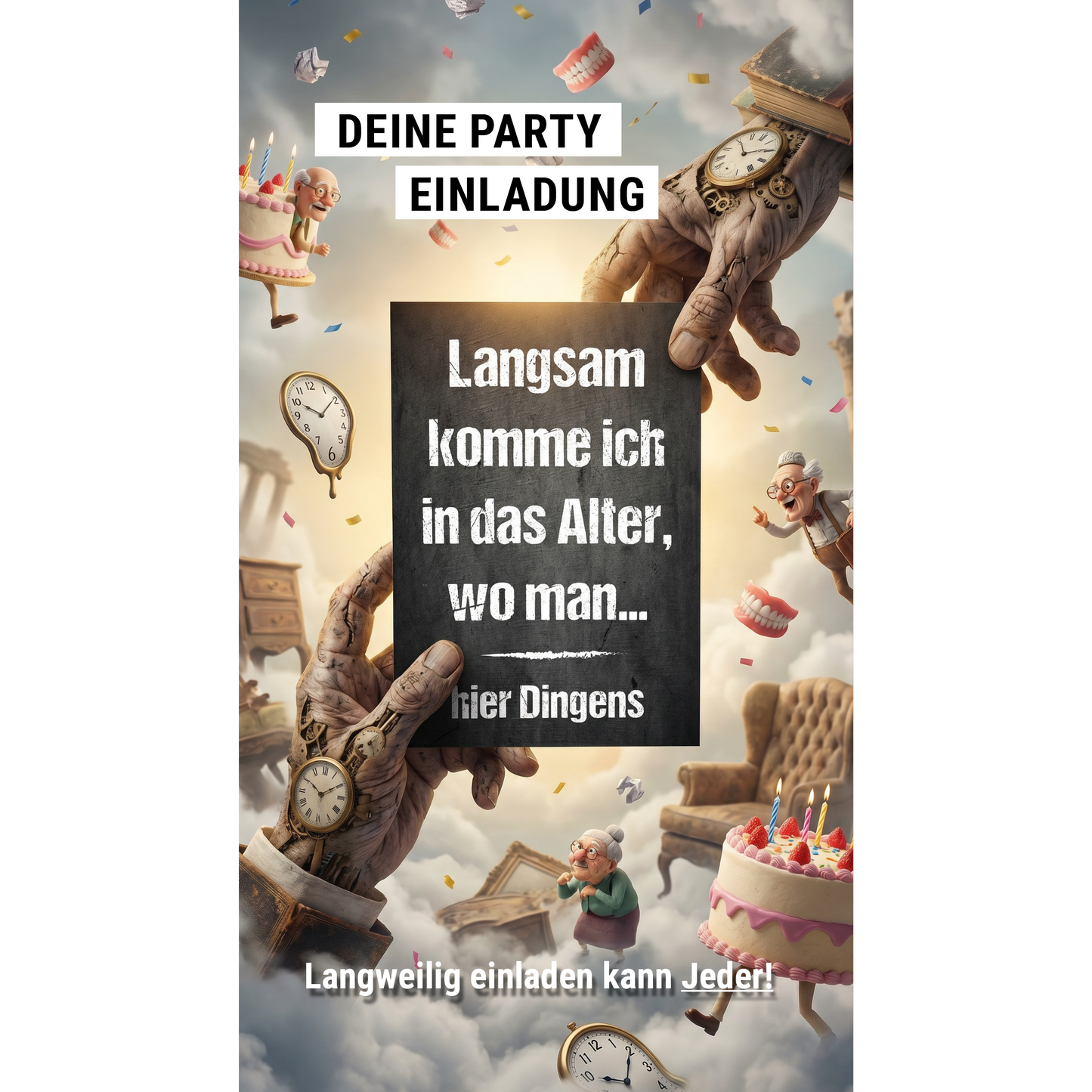 Einladung zum Geburtstag: Langsam komme ich in das Alter, wo man… hier Dingens - Individuelle Einladung