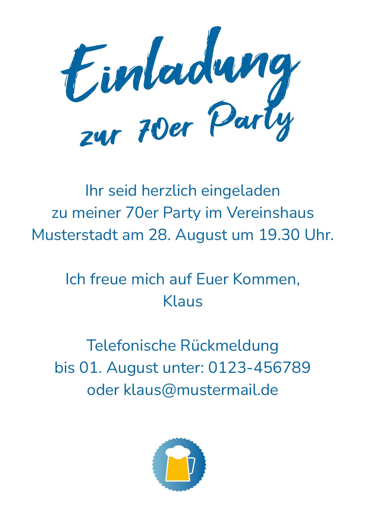 Einladung zum 70. Geburtstag: Cheers - to 70 years