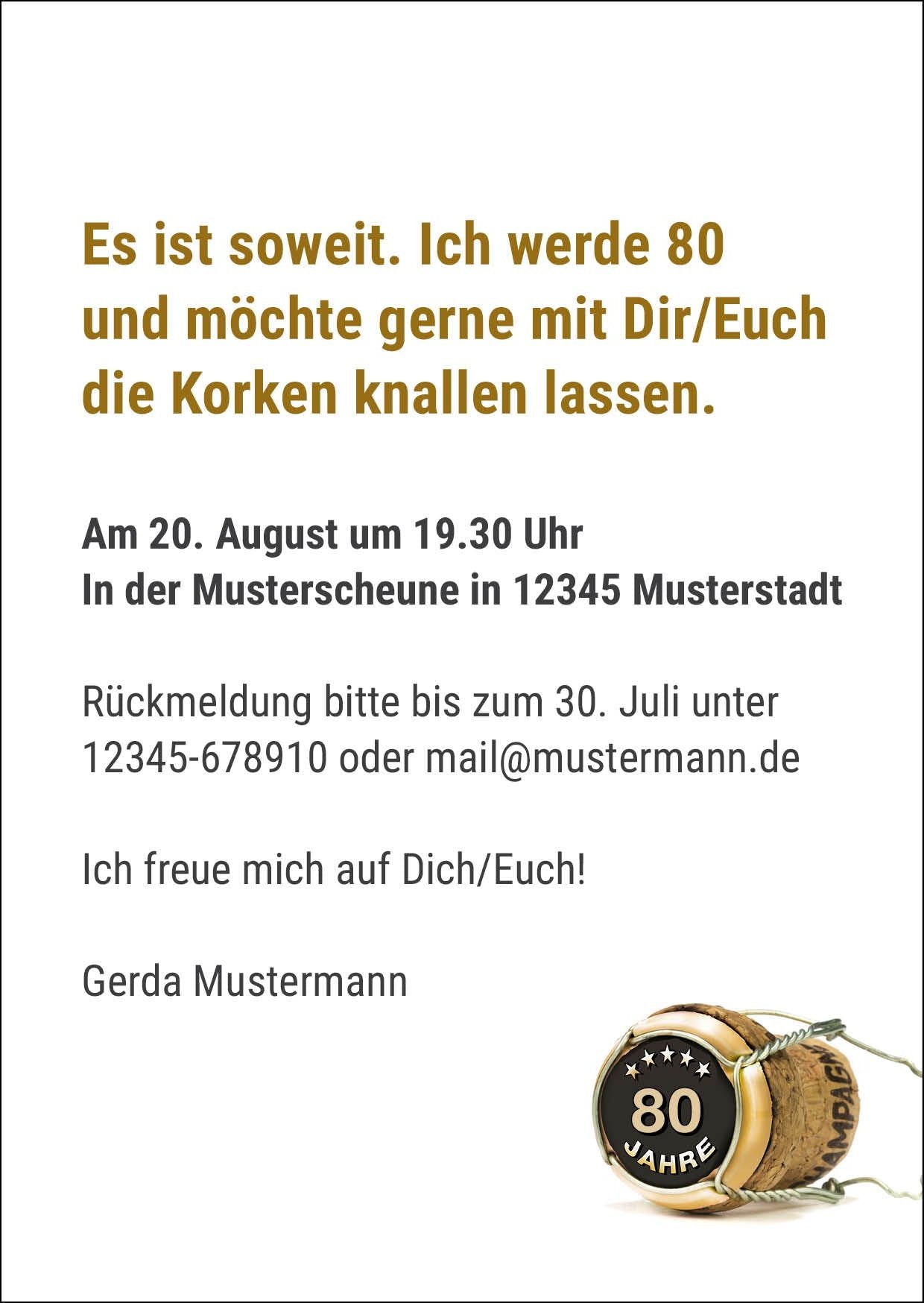Einladung zum 80. Geburtstag: Bild von Champagner Korken