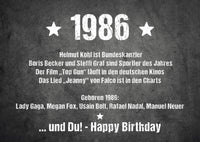 Glückwunsch Postkarte zum 40. Geburtstag – Ereignisse aus 1986