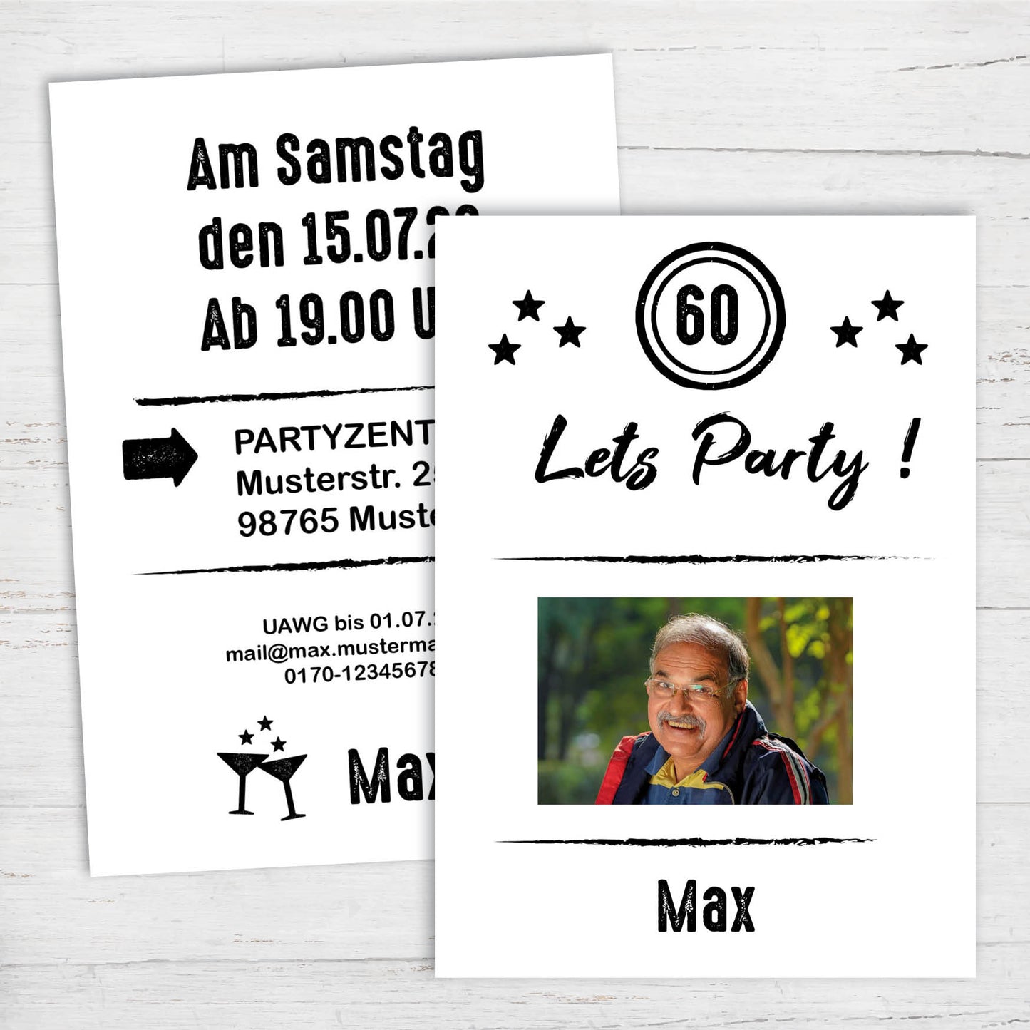 Einladung zum 60. Geburtstag: Let’s Party - mit Foto weiß