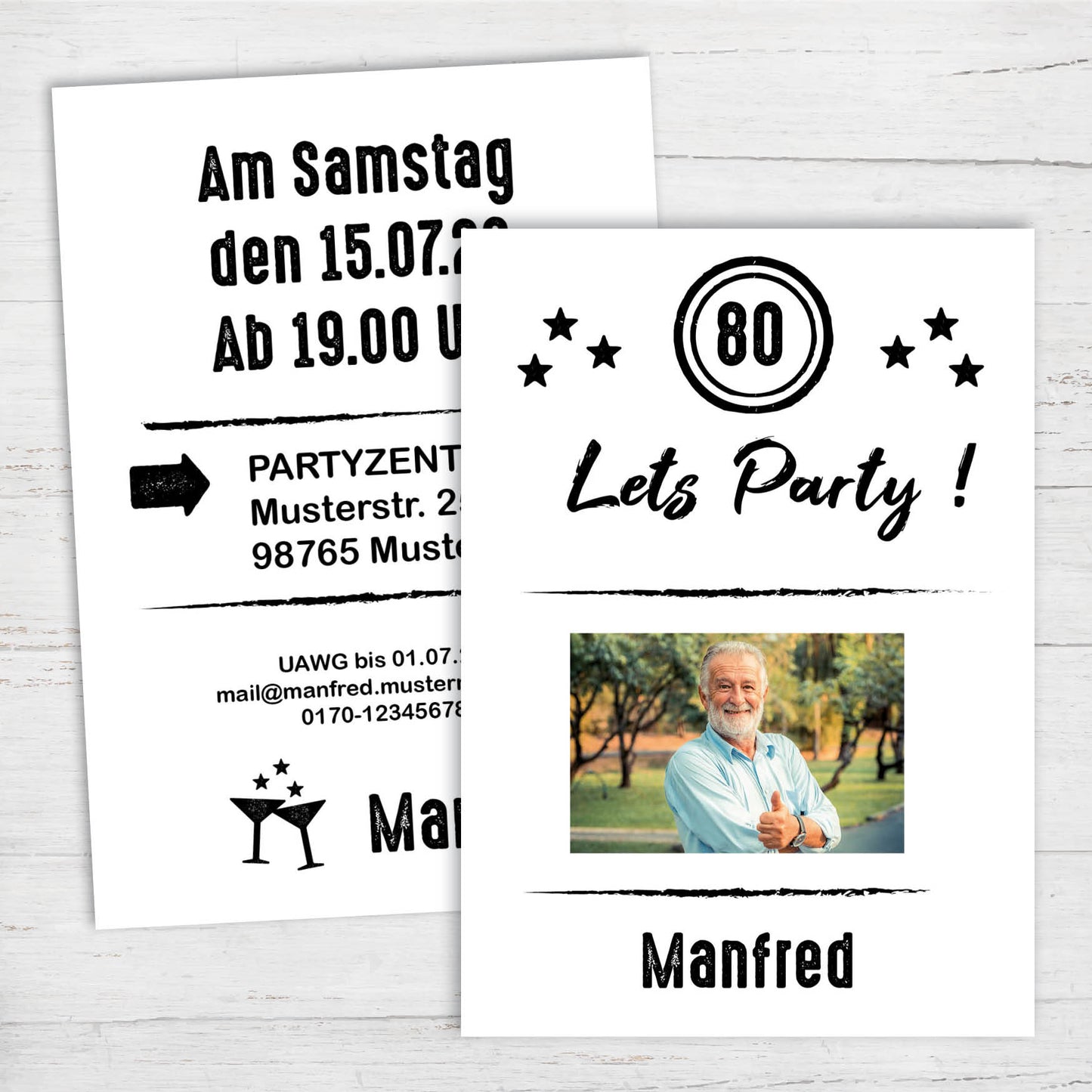 Einladung zum 80. Geburtstag: Let’s Party - mit Foto weiß