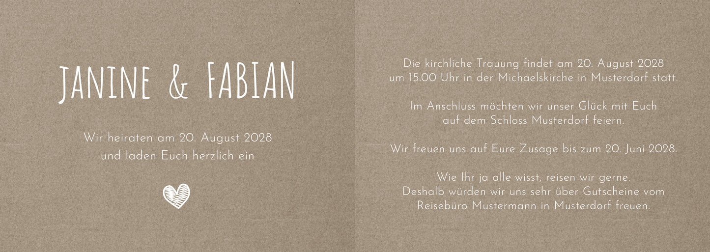 Einladungskarte zur Hochzeit: Rustikal mit Herz - Klappkarte - Individuelle Einladung