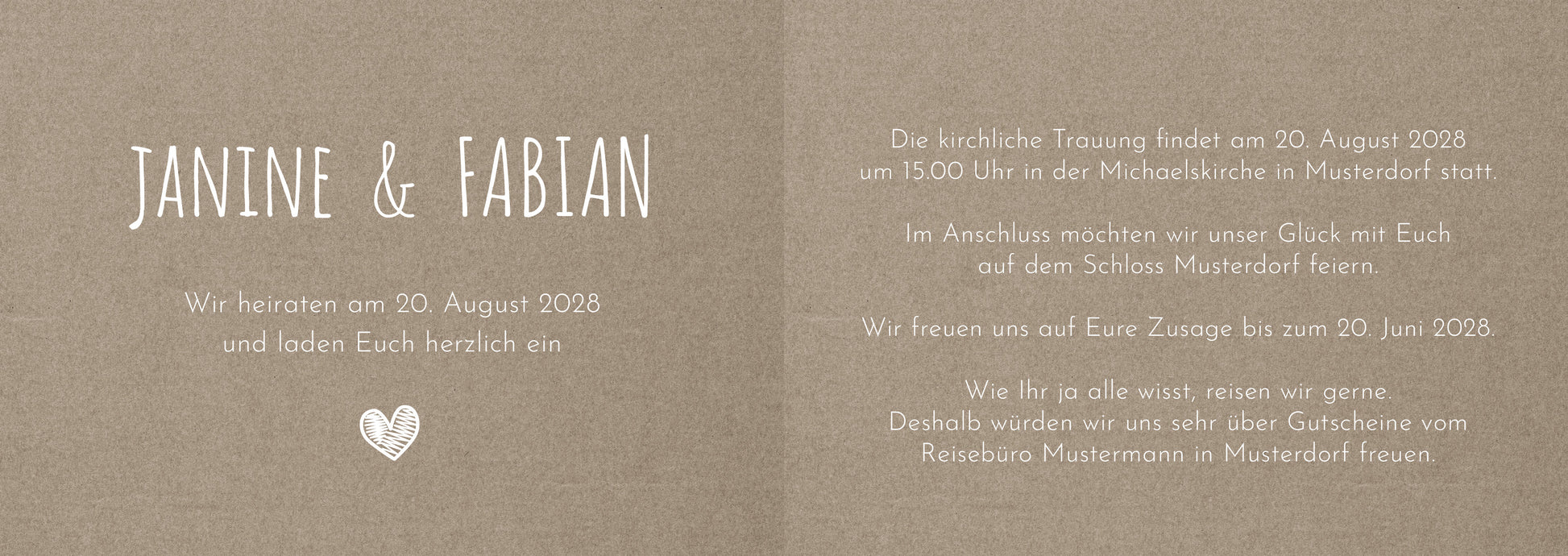 Einladungskarte zur Hochzeit: Rustikal mit Herz - Klappkarte - Individuelle Einladung