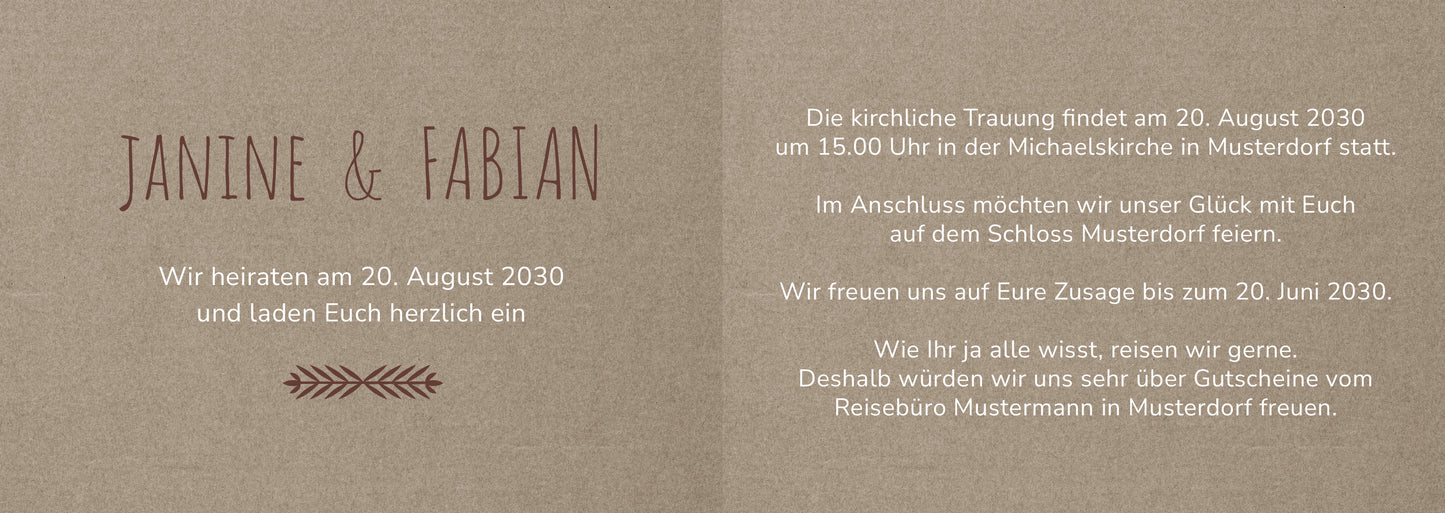 Einladungskarte zur Hochzeit: Rustikal braun - Klappkarte - Individuelle Einladung