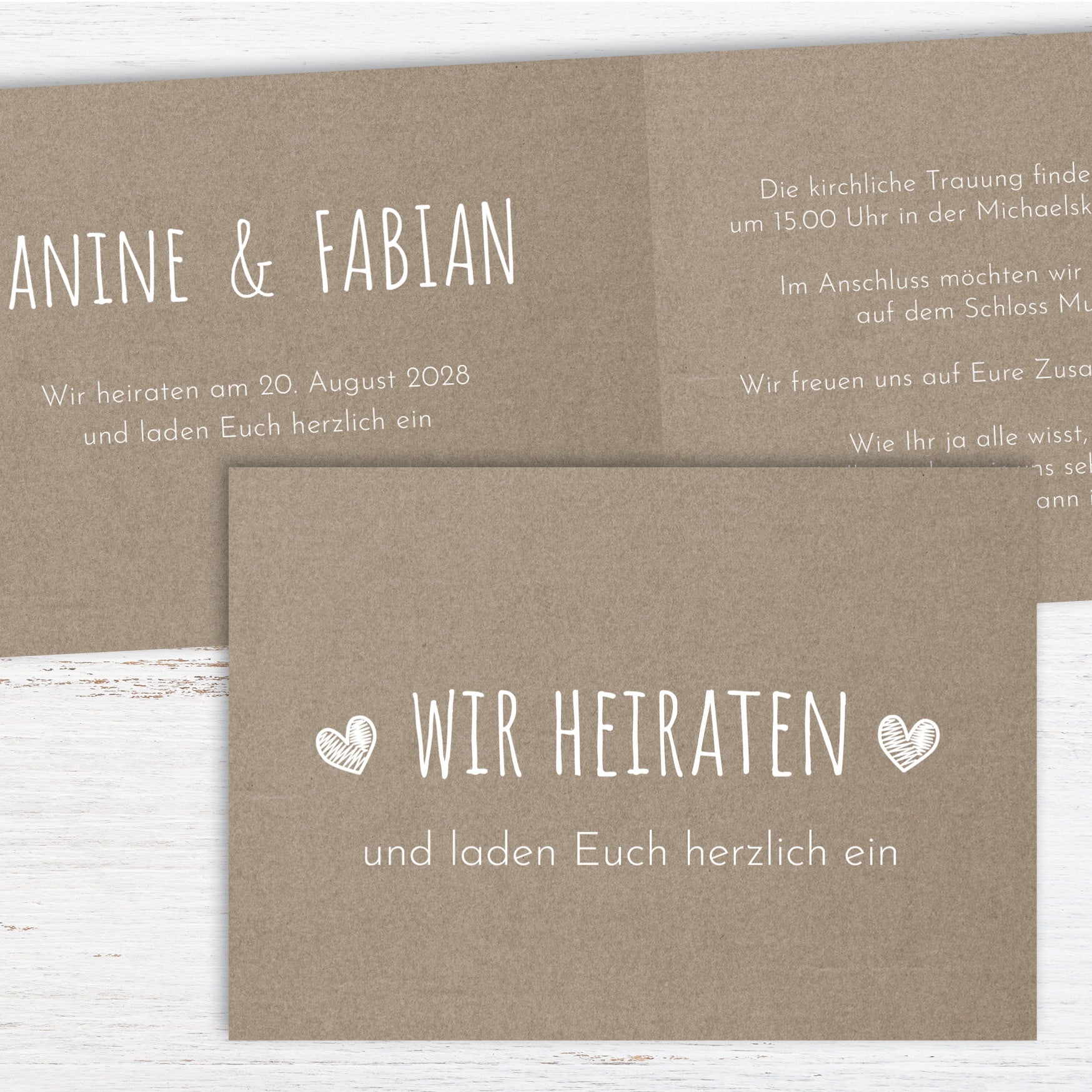 Einladungskarte zur Hochzeit: Rustikal mit Herz - Klappkarte - Individuelle Einladung