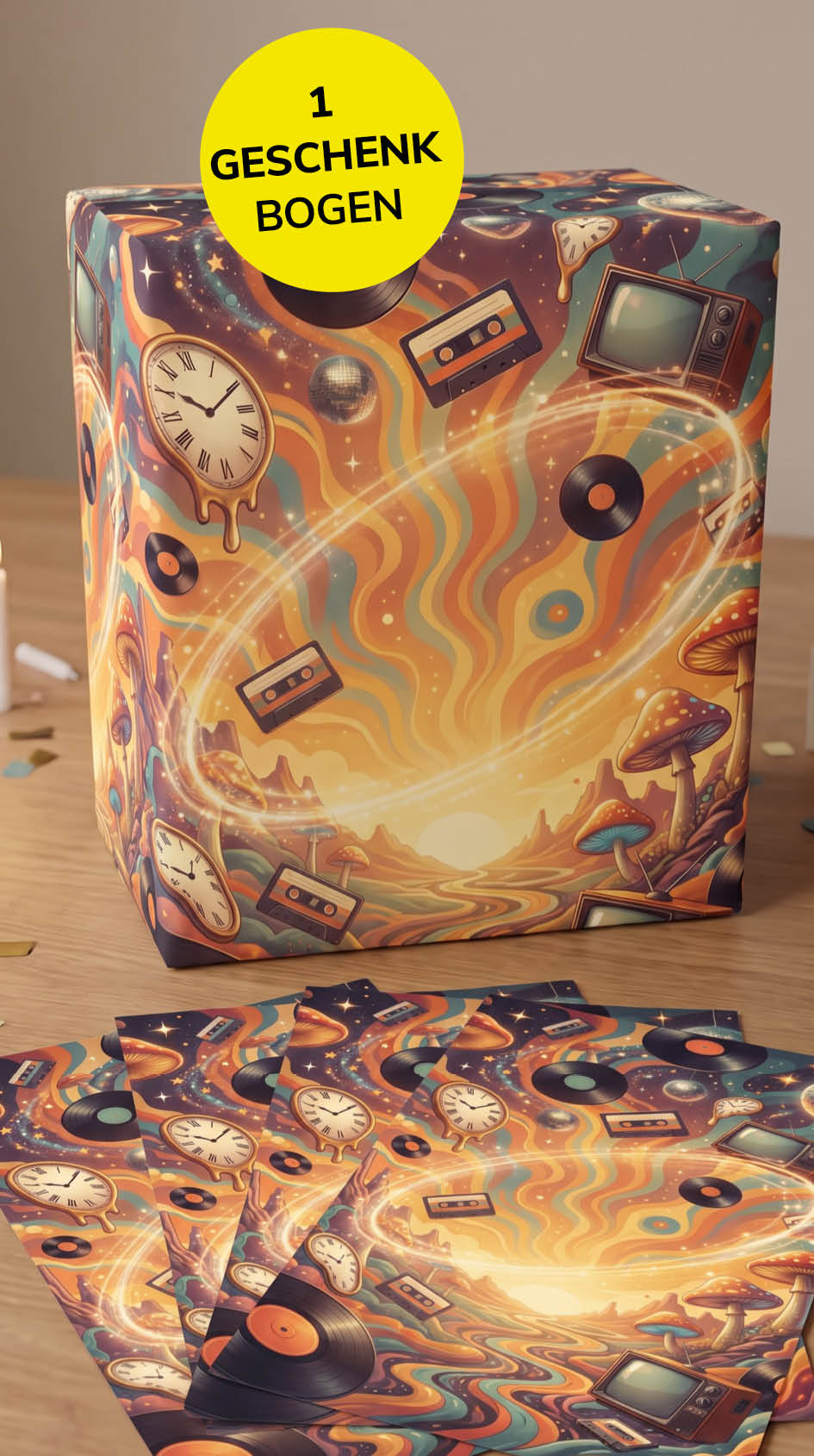 Geschenkpapier 70er Jahre Psychedelic Retro | Premium DIN A2 Bögen – Vinyl, Disco & Kassetten Motiv