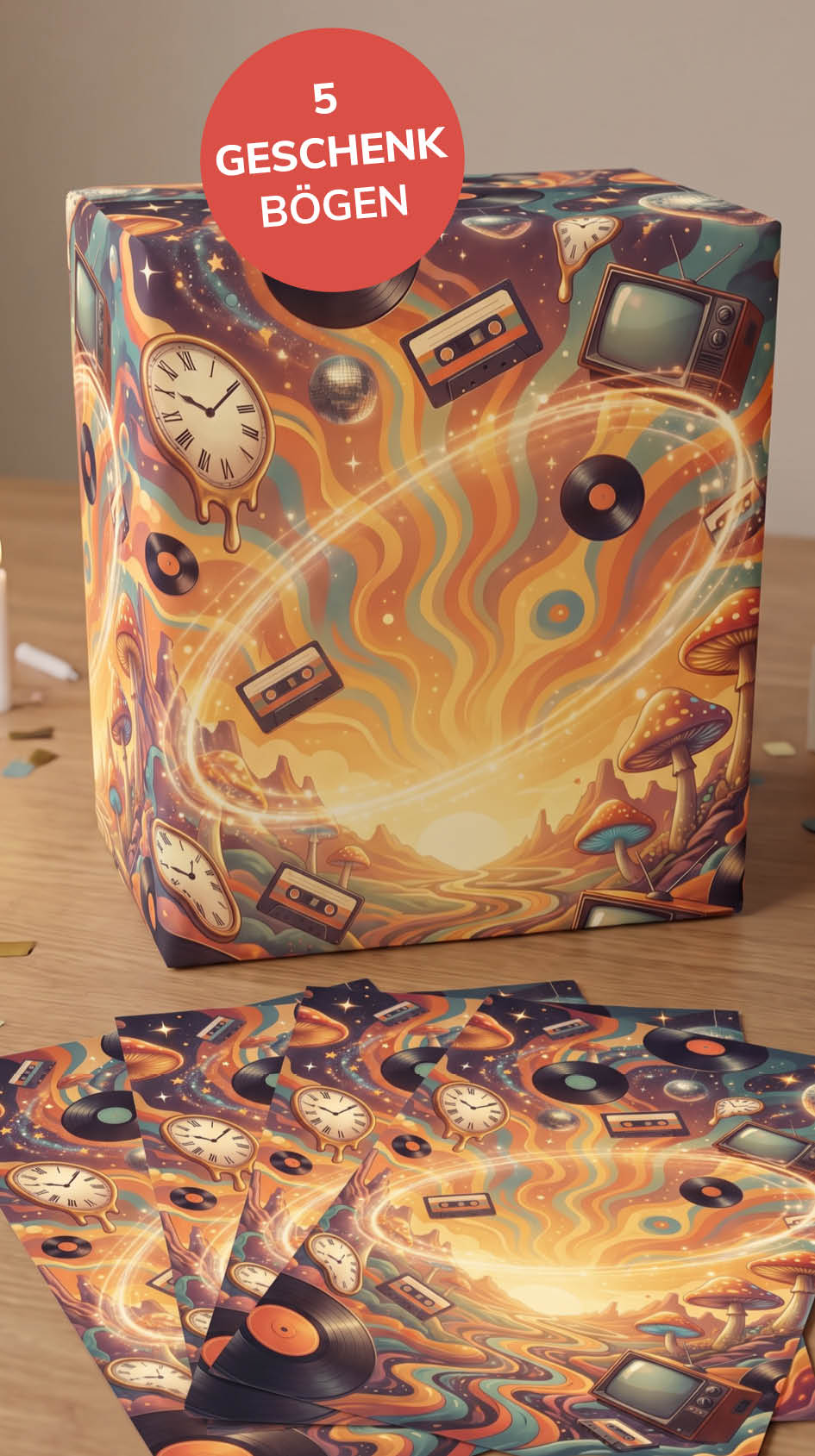 Geschenkpapier 70er Jahre Psychedelic Retro | Premium DIN A2 Bögen – Vinyl, Disco & Kassetten Motiv