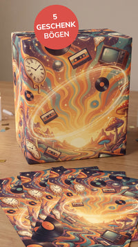 Geschenkpapier 70er Jahre Psychedelic Retro | Premium DIN A2 Bögen – Vinyl, Disco & Kassetten Motiv