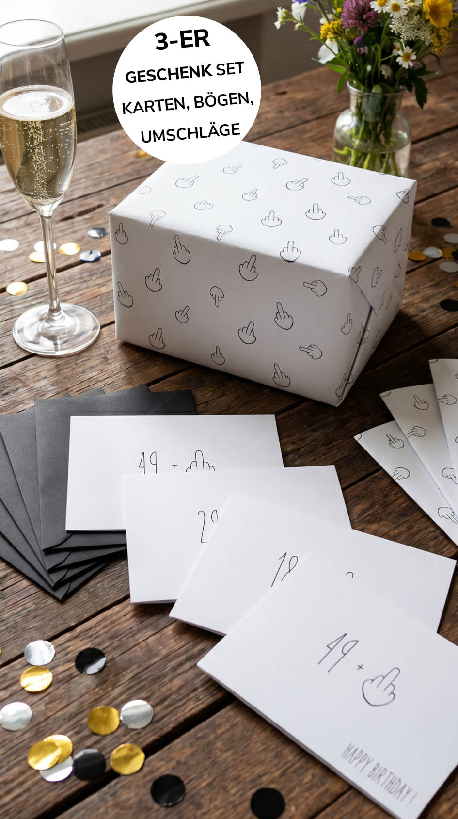 Lustiges Geschenkpapier 3er Set Mittelfinger mit Grußkarten und Umschlägen