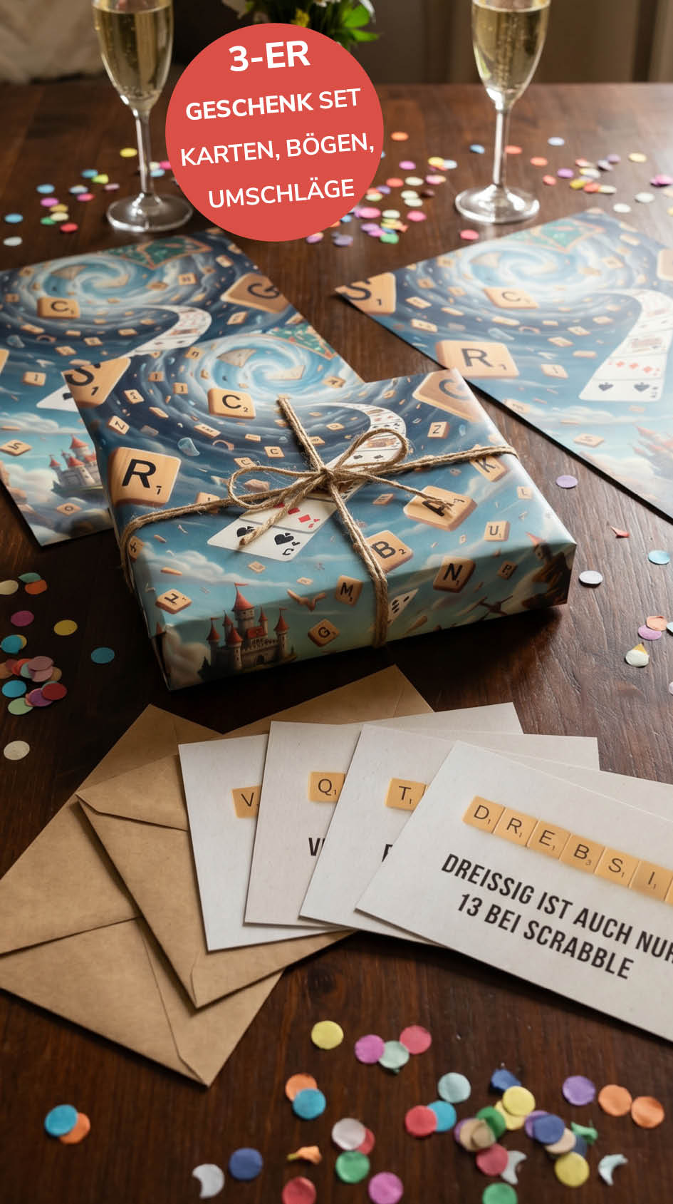 Geschenkpapier 3er Set Scrabble, Geschenkverpackung DIN A2; Geburtstagskarte mit Umschlag braun