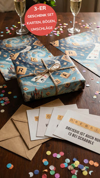 Geschenkpapier 3er Set Scrabble, Geschenkverpackung DIN A2; Geburtstagskarte mit Umschlag braun
