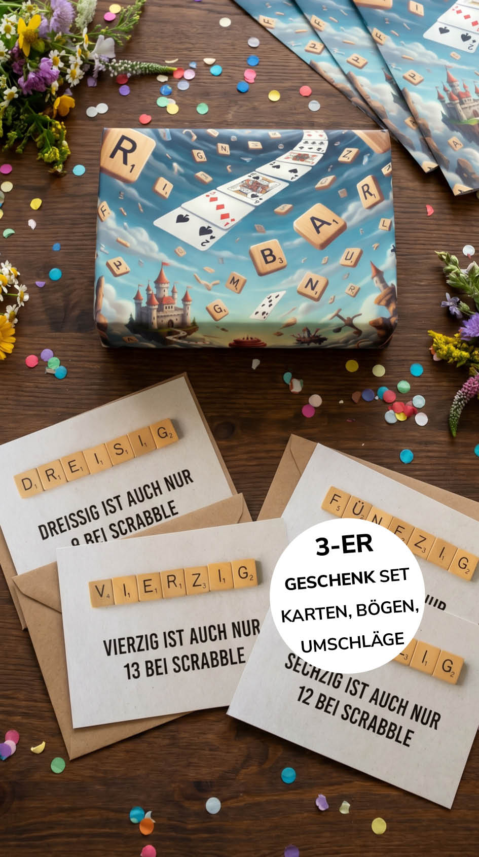 Geschenkpapier 3er Set Scrabble, Geschenkverpackung DIN A2; Geburtstagskarte mit Umschlag braun