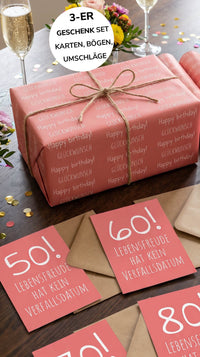 Geschenkpapier 3er Set Lebensfreude Koralle, Geschenkverpackung DIN A2; Geburtstags-Karte mit Umschlag braun - Individuelle Einladung