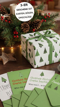 Liebevolles Geschenkpapier Weihnachten 3er Set Tannenbaum, Geschenkverpackung DIN A2, Weihnachtskarten  inkl. Umschlägen