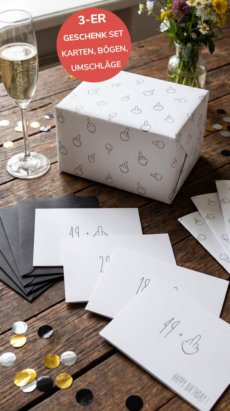 Lustiges Geschenkpapier 3er Set Mittelfinger, Geburtstag Geschenkpapier, Grußkarten mit Umschlägen