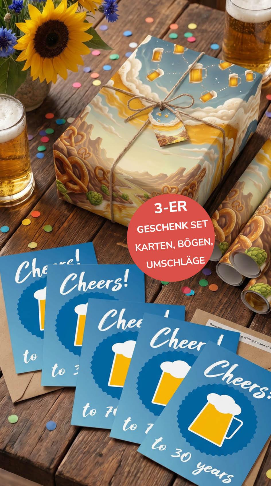 Geschenkpapier 3er Set Bier, Geschenkverpackung DIN A2; Geburtstagskarte mit Umschlag braun