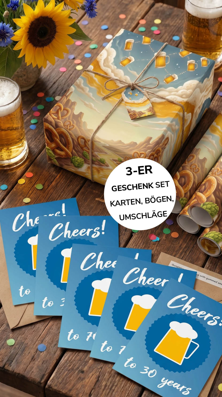 Geschenkpapier 3er Set Bier, Geschenkverpackung DIN A2; Geburtstagskarte mit Umschlag braun - Individuelle Einladung