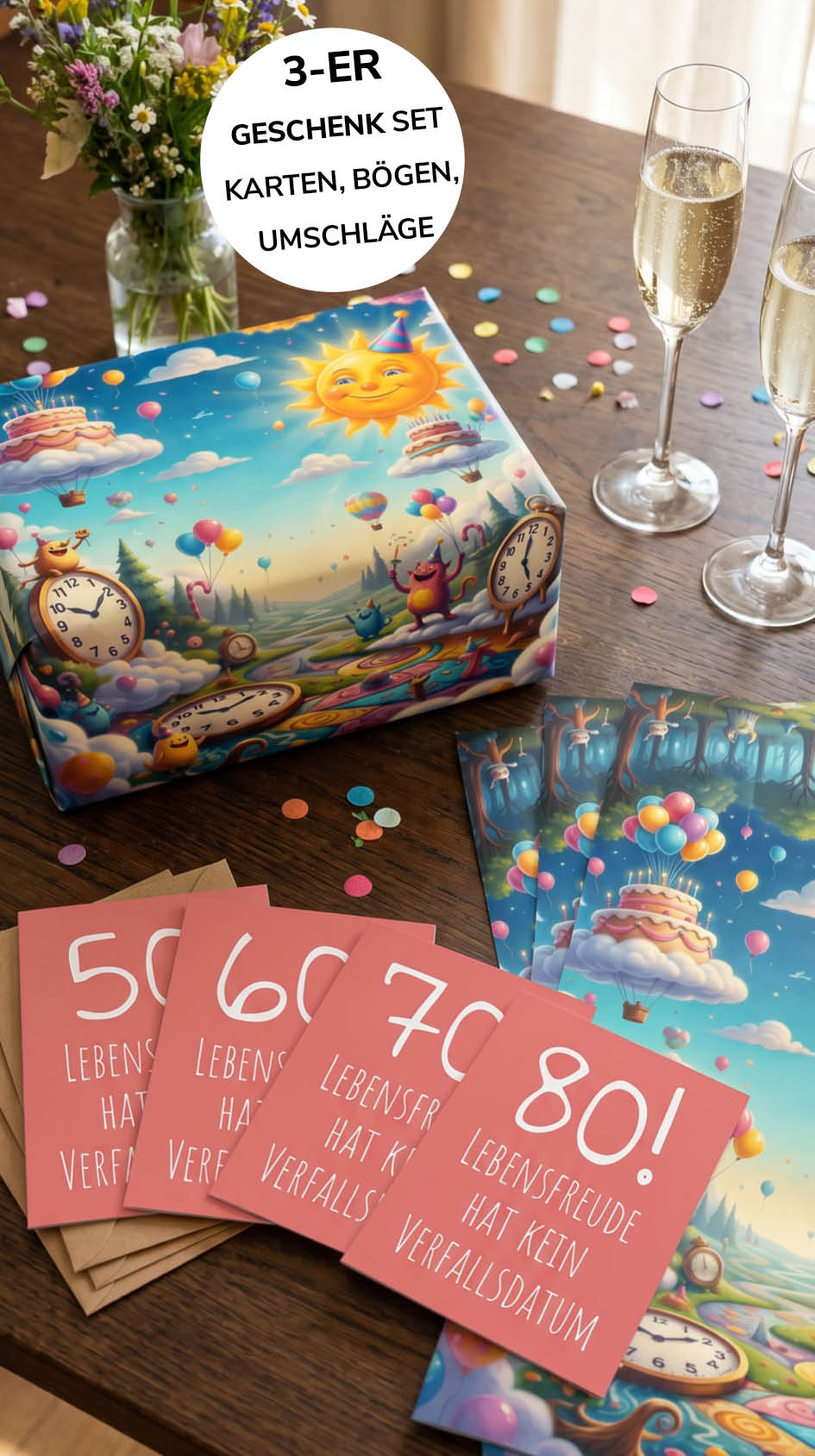 Geschenkpapier 3er Set Lebensfreude 2, Geschenkverpackung DIN A2; Geburtstags-Karte mit Umschlag braun - Individuelle Einladung