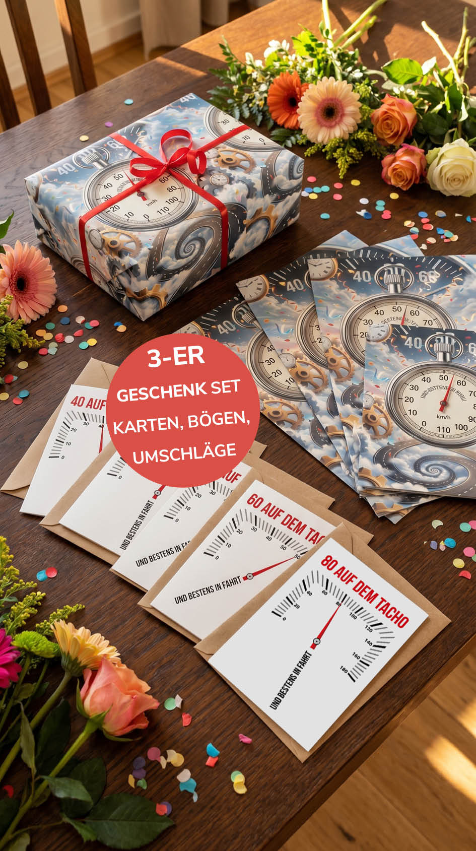 Geschenkpapier 3er Set Tacho, Geschenkverpackung DIN A2; Geburtstagskarte mit Umschlag braun
