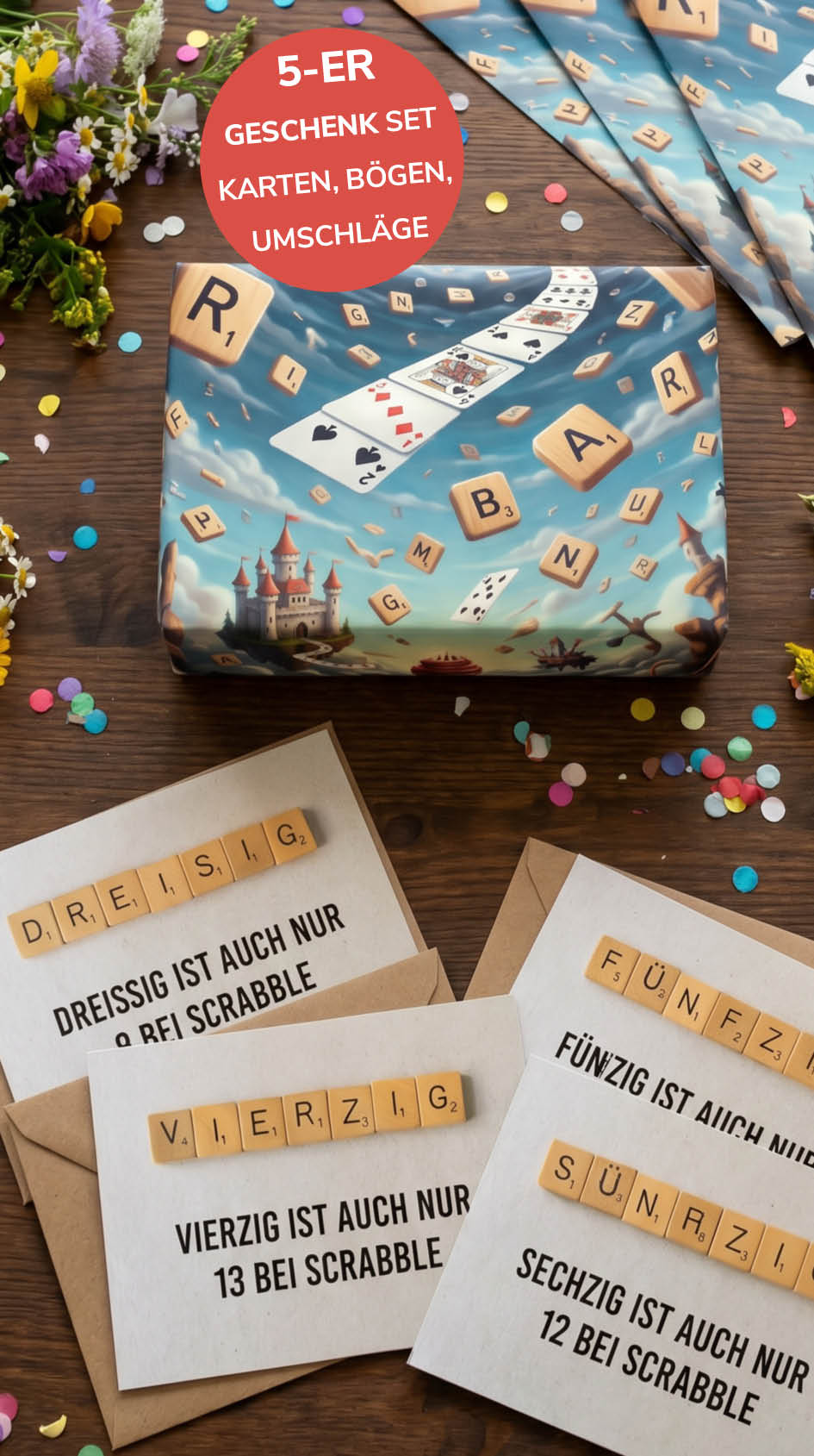 Geschenkpapier 5er Set Scrabble, Geschenkverpackung DIN A2; Geburtstagskarte mit Umschlag braun