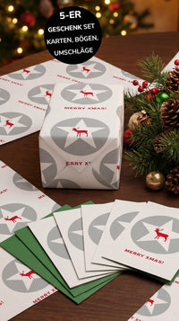 Klassisches Geschenkpapier Weihnachten 5er Set Merry XMAS, Geschenkverpackung DIN A2, Weihnachtskarte  inkl. Umschlägen