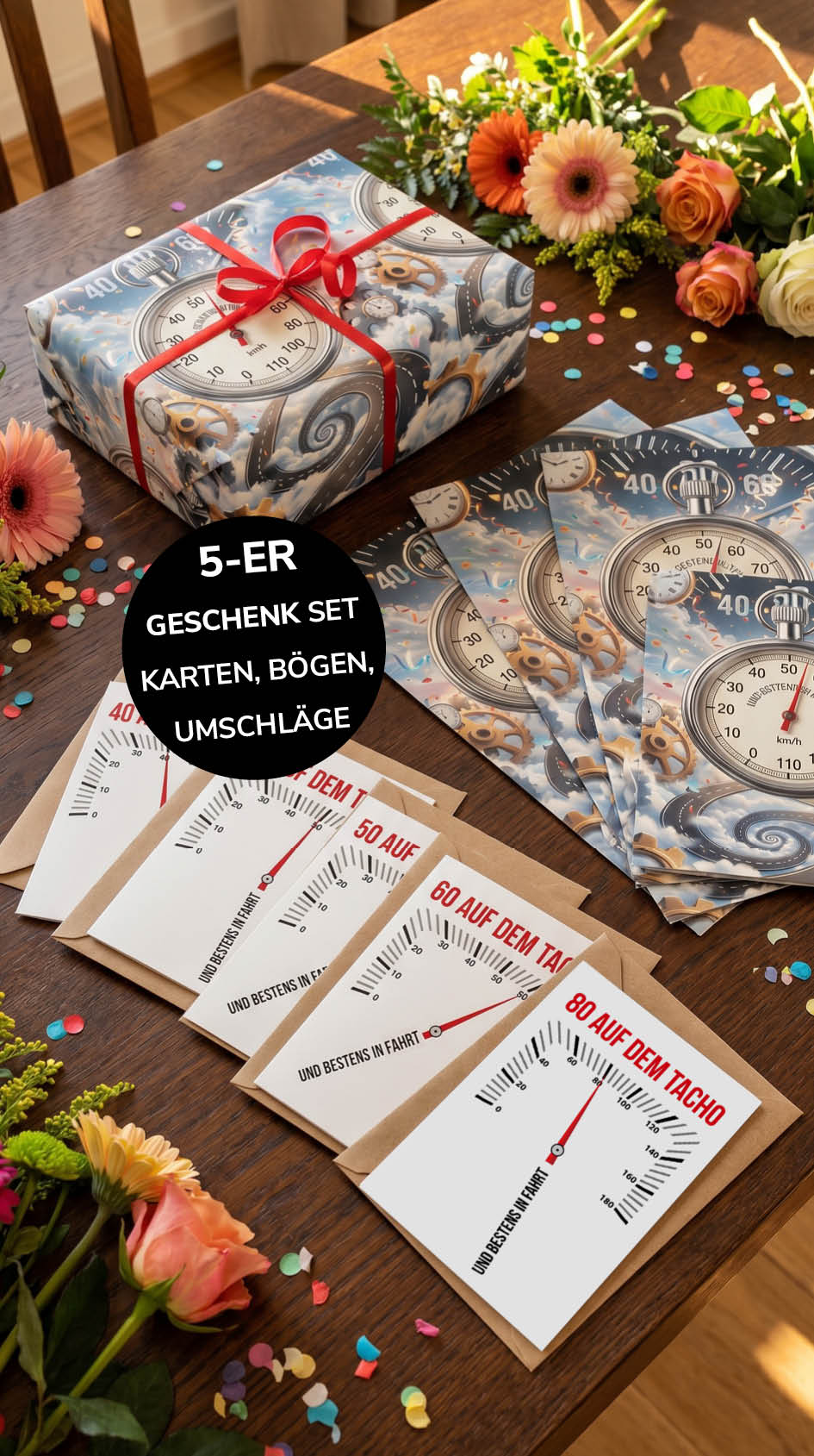 Geschenkpapier 5er Set Tacho, Geschenkverpackung DIN A2; Geburtstagskarte mit Umschlag braun