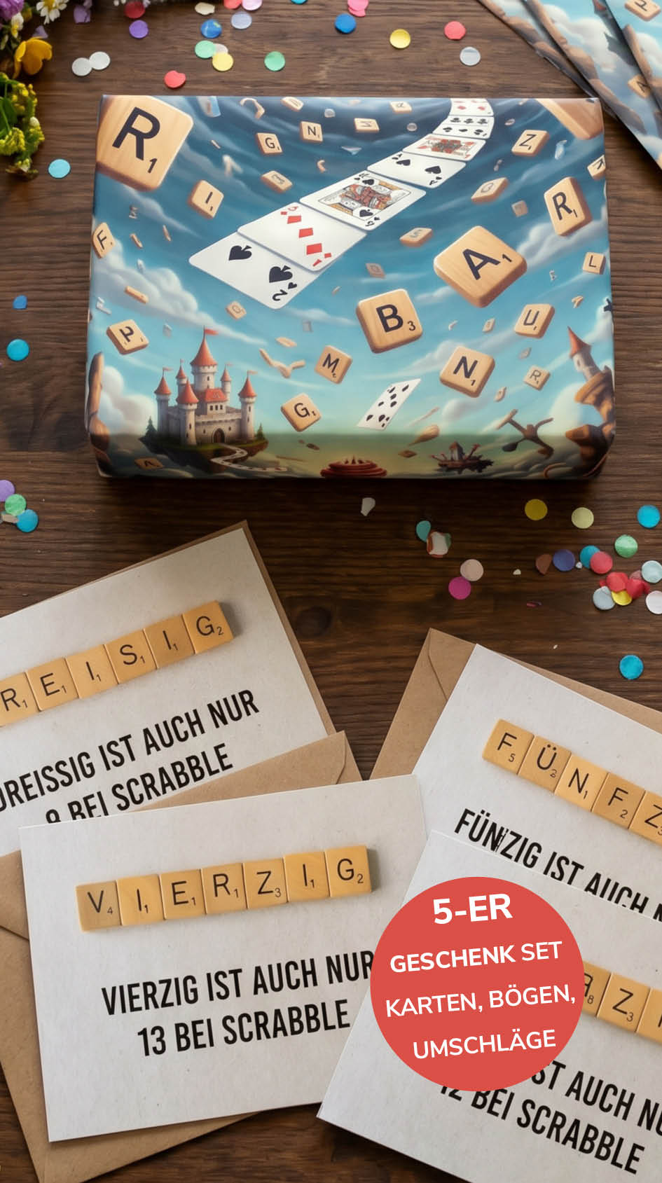 Geschenkpapier 5er Set Scrabble, Geschenkverpackung DIN A2; Geburtstagskarte mit Umschlag braun