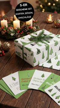 Liebevolles Geschenkpapier Weihnachten 5er Set Tannenbaum, Geschenkverpackung DIN A2, Weihnachtskarten  inkl. Umschlägen