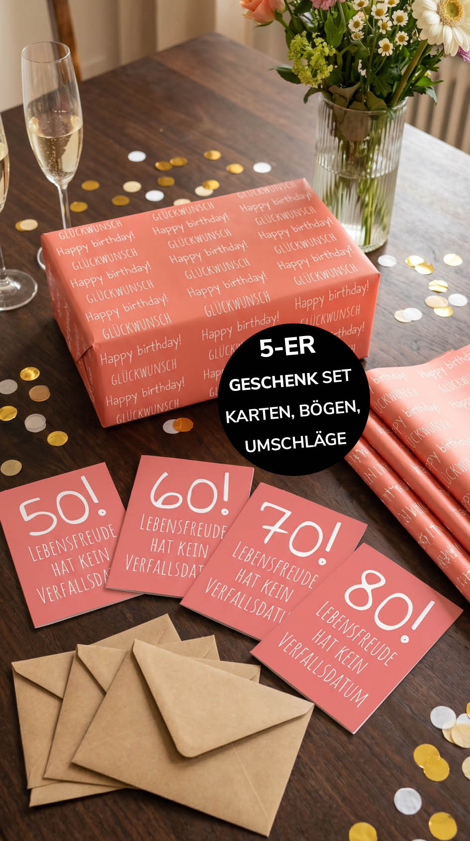 Geschenkpapier 5er Set Lebensfreude Koralle, Geschenkverpackung DIN A2; Geburtstagskarte mit Umschlag braun - Individuelle Einladung