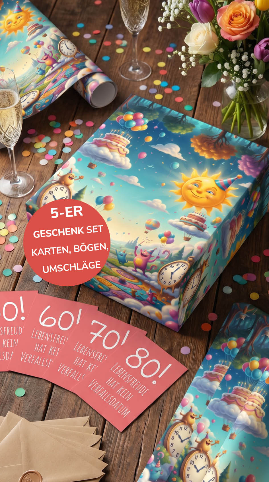 Geschenkpapier 5er Set Lebensfreude 2, Geschenkverpackung DIN A2; Geburtstagskarte mit Umschlag braun