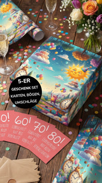 Geschenkpapier 5er Set Lebensfreude 2, Geschenkverpackung DIN A2; Geburtstagskarte mit Umschlag braun - Individuelle Einladung