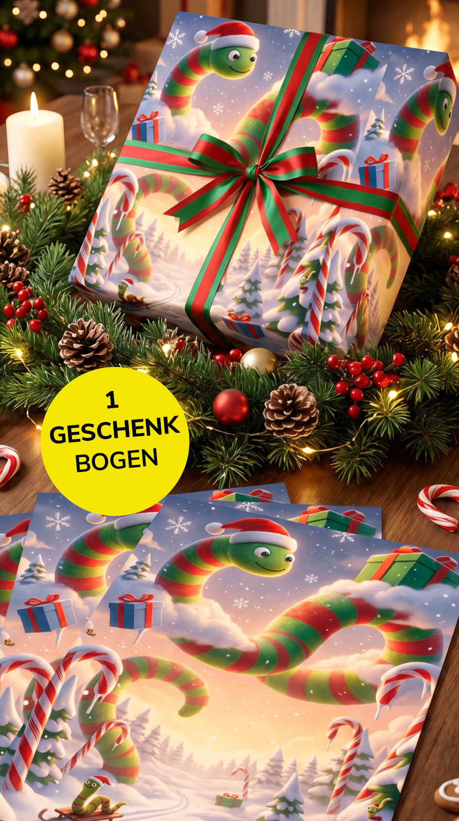 Liebevolles Geschenkpapier Weihnachten 1 Bogen Worm Wishes - süßes Motiv für Weihnachten