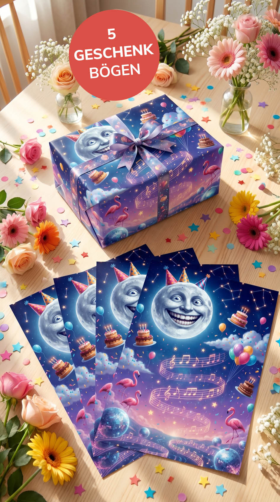 Lustiges Geschenkpapier Set 5 Bögen PARTY night - witziges Motiv zum Geburtstag