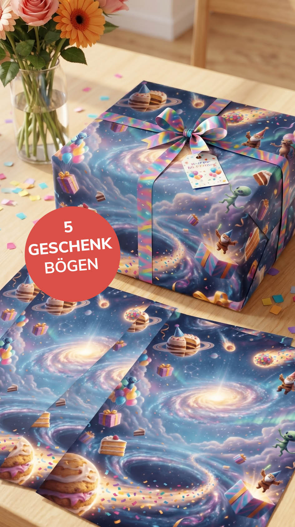 Lustiges Geschenkpapier Set 5 Bögen Sternzeichen Space Birthday - witziges Motiv zum Geburtstag