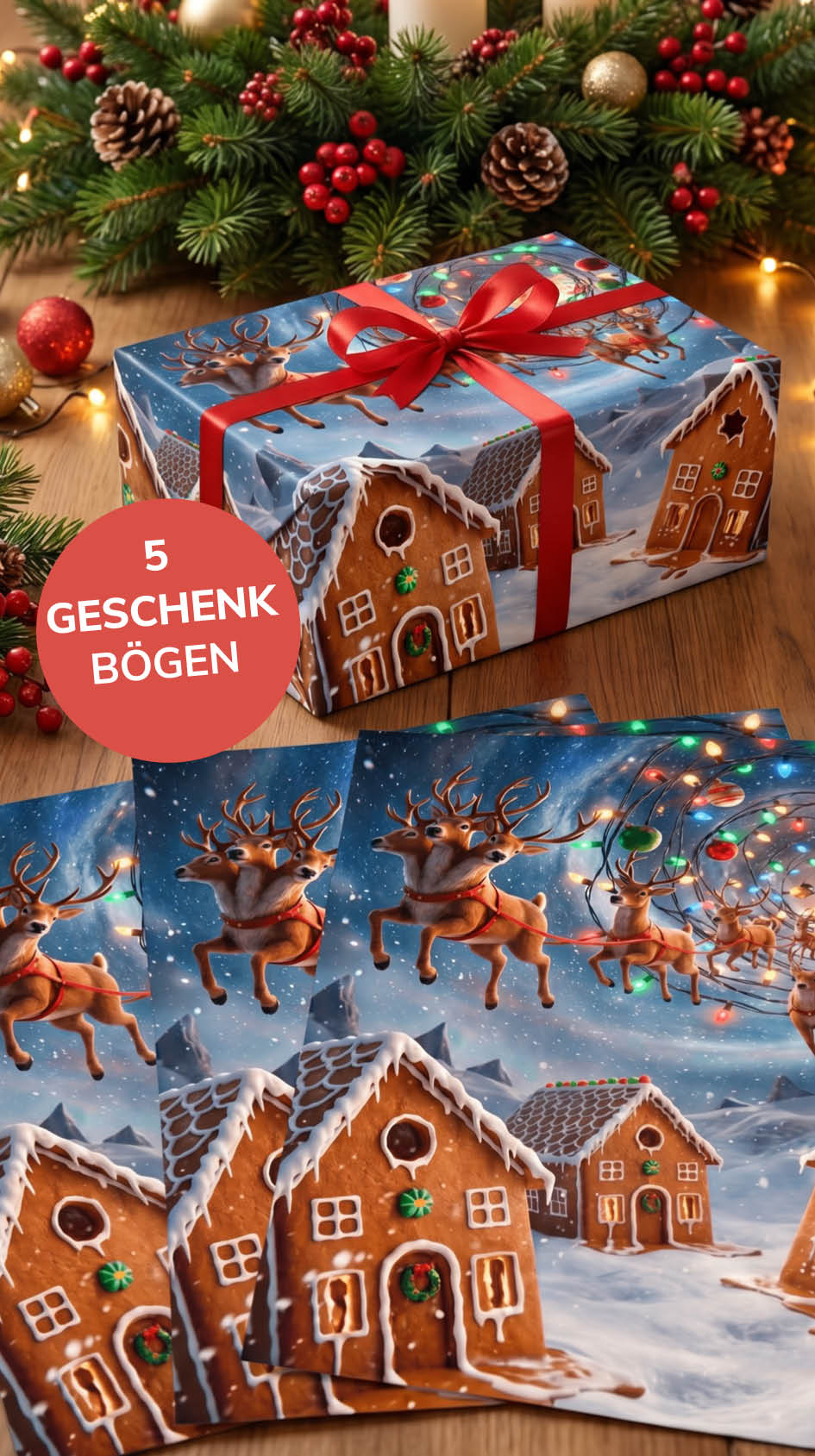Süßes Geschenkpapier Weihnachten Set 5 Bögen Knusperhäuschen - Motiv für Weihnachten