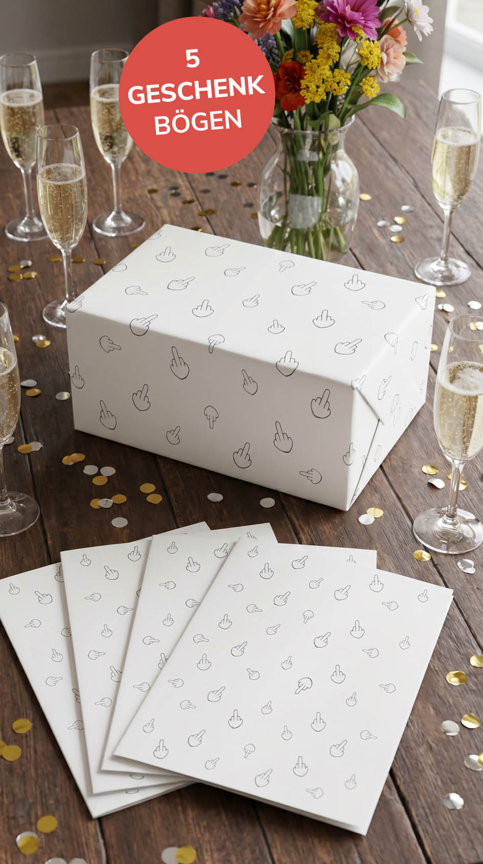 Lustiges Geschenkpapier Set 5 Bögen Mittelfinger - witziges Motiv zum Geburtstag