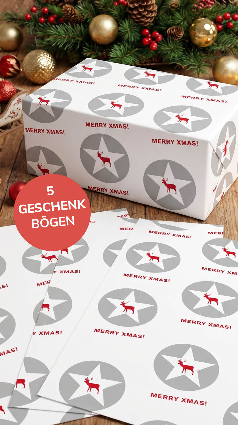 Liebevolles Geschenkpapier Weihnachten Set 5 Bögen Merry Xmas - cleanes Motiv für Weihnachten